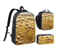 JKLQWC Beer Bubble Print Backpack Set 3-Piece, 17-Inch School Bag with Insulated Lunch Bag & Pencil Case for Students Teens Girls Boys