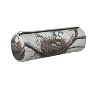 JKLQWC Birds Nest 1 Printed Cylinder Pencil Case with Silver Zipper - Lightweight Leather Organizer for School, Office, Travel, Makeup