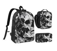 JKLQWC Black and White Human Skull Print Backpack Set 3-Piece, 17-Inch School Bag with Insulated Lunch Bag & Pencil Case for Students Teens Girls Boys