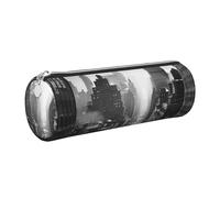 JKLQWC Black and White New York Printed Cylinder Pencil Case with Silver Zipper - Lightweight Leather Organizer for School, Office, Travel, Makeup