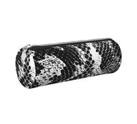 JKLQWC Black and White Snake Skin Printed Cylinder Pencil Case with Silver Zipper - Lightweight Leather Organizer for School, Office, Travel, Makeup