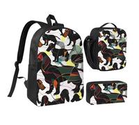 JKLQWC Black Dogs Dachshund Dog Print Backpack Set 3-Piece, 17-Inch School Bag with Insulated Lunch Bag & Pencil Case for Students Teens Girls Boys