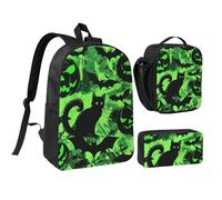 JKLQWC Black Green Ghost Horror Halloween Bat Print Backpack Set 3-Piece, 17-Inch School Bag with Insulated Lunch Bag & Pencil Case for Students Teens Girls Boys