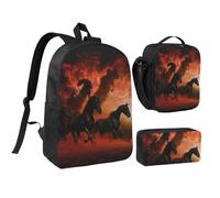 JKLQWC Black Horses Red Glowing Clouds Print Backpack Set 3-Piece, 17-Inch School Bag with Insulated Lunch Bag & Pencil Case for Students Teens Girls Boys