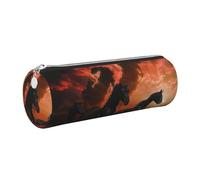 JKLQWC Black Horses Red Glowing Clouds Printed Cylinder Pencil Case with Silver Zipper - Lightweight Leather Organizer for School, Office, Travel, Makeup