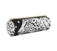 JKLQWC Black Leopard Print Printed Cylinder Pencil Case with Gold Zipper - Lightweight Leather Organizer for School, Office, Travel, Makeup