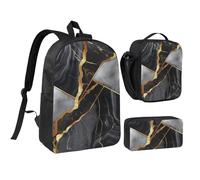 JKLQWC Black Marble Texture Gold Print Backpack Set 3-Piece, 17-Inch School Bag with Insulated Lunch Bag & Pencil Case for Students Teens Girls Boys