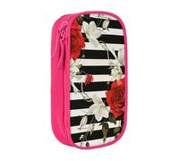 JKLQWC Black White Stripes Red Rose Flowers Printed Pencil Case Cute Pen Pouch Large Pen Bag Portable Storage Organizer Box for Office School Teen Girl Boy Adult,Pink