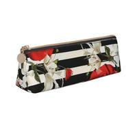 JKLQWC Black White Stripes Red Rose Flowers Printed Triangle Pencil Case with Zipper - Lightweight Leather Organizer for School, Office, Travel, Makeup
