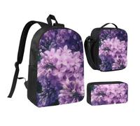 JKLQWC Blooming Purple Flowers Print School Backpack Set of 3, 17-Inch School Bag with Insulated Lunch Bag & Pencil Case for Students Teens Girls Boys