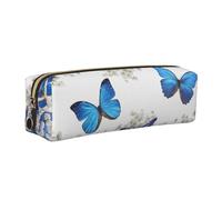 JKLQWC Blue Butterflies White Flowers Printed Leather Pencil Case with Gold Zipper - Simple and Lightweight Organizer for School, Office, Travel, Makeup