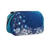 JKLQWC Blue Christmas Snowflake Prints Pencil Case for Kids Men Women, Two Layers Large Capacity Pencil Pouch Makeup Bag Organizer for Office School Travel