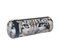 JKLQWC Blue Eyed Snow Leopard Printed Cylinder Pencil Case with Silver Zipper - Lightweight Leather Organizer for School, Office, Travel, Makeup