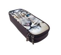 JKLQWC Blue Eyed Snow Leopard Printed PU Leather Pencil Case Cute Pen Pencil Box Bag Zipper Office School Pencil Pouch Organizer for Students Teen Girls Boys Adult