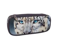 JKLQWC Blue Eyed Snow Leopard Printed PU Leather Pencil Case Cute Pen Pencil Box Bag Zipper Office School Pencil Pouch Organizer for Students Teen Girls Boys Adult