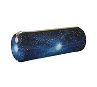 JKLQWC Blue Shining Star Printed Cylinder Pencil Case with Gold Zipper - Lightweight Leather Organizer for School, Office, Travel, Makeup