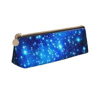 JKLQWC Blue Shining Stars Printed Triangle Pencil Case with Zipper - Lightweight Leather Organizer for School, Office, Travel, Makeup