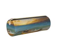 JKLQWC Boat Beach Sunrise Time Nautical Printed Cylinder Pencil Case with Gold Zipper - Lightweight Leather Organizer for School, Office, Travel, Makeup