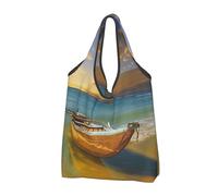 JKLQWC Boat Beach Sunrise Time Nautical Printed Foldable Shopping Bag 3 PCS, Reusable Grocery Tote Bags for Daily Shopping and Travel
