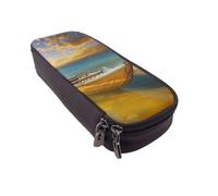 JKLQWC Boat Beach Sunrise Time Nautical Printed PU Leather Pencil Case Cute Pen Pencil Box Bag Zipper Office School Pencil Pouch Organizer for Students Teen Girls Boys Adult
