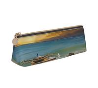 JKLQWC Boat Beach Sunrise Time Nautical Printed Triangle Pencil Case with Zipper - Lightweight Leather Organizer for School, Office, Travel, Makeup
