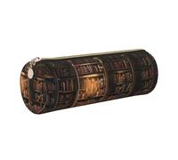 JKLQWC Book Room Mysterious Library Printed Cylinder Pencil Case with Gold Zipper - Lightweight Leather Organizer for School, Office, Travel, Makeup