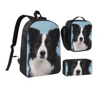 JKLQWC Border Collie Print Backpack Set 3-Piece, 17-Inch School Bag with Insulated Lunch Bag & Pencil Case for Students Teens Girls Boys