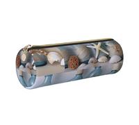 JKLQWC Bottle Seashell Printed Cylinder Pencil Case with Gold Zipper - Lightweight Leather Organizer for School, Office, Travel, Makeup