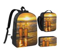 JKLQWC Bottles Beer Beach Sunset Time Print Backpack Set 3-Piece, 17-Inch School Bag with Insulated Lunch Bag & Pencil Case for Students Teens Girls Boys