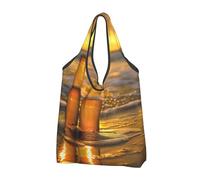 JKLQWC Bottles Beer Beach Sunset Time Printed Foldable Shopping Bag 2 PCS, Reusable Grocery Tote Bags for Daily Shopping and Travel