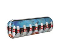 JKLQWC Bowling Printed Cylinder Pencil Case with Silver Zipper - Lightweight Leather Organizer for School, Office, Travel, Makeup
