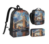 JKLQWC Bridge in London Print Backpack Set 3-Piece, 17-Inch School Bag with Insulated Lunch Bag & Pencil Case for Students Teens Girls Boys