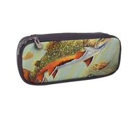 JKLQWC Brook Trout Fly Fishing Printed PU Leather Pencil Case Cute Pen Pencil Box Bag Zipper Office School Pencil Pouch Organizer for Students Teen Girls Boys Adult Gifts