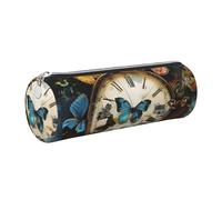 JKLQWC Butterfly Clocks Printed Cylinder Pencil Case with Silver Zipper - Lightweight Leather Organizer for School, Office, Travel, Makeup