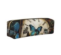 JKLQWC Butterfly Clocks Printed Leather Pencil Case with Gold Zipper - Simple and Lightweight Organizer for School, Office, Travel, Makeup