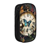 JKLQWC Butterfly Clocks Printed Pencil Case Cute Pen Pouch Large Pen Bag Portable Storage Organizer Box for Office School Teen Girl Boy Adult,Black