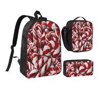 JKLQWC Candy Canes Print Backpack Set 3-Piece, 17-Inch School Bag with Insulated Lunch Bag & Pencil Case for Students Teens Girls Boys