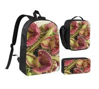 JKLQWC Carnivorous Plant Print Backpack Set 3-Piece, 17-Inch School Bag with Insulated Lunch Bag & Pencil Case for Students Teens Girls Boys