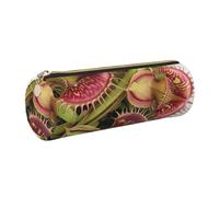 JKLQWC Carnivorous Plant Printed Cylinder Pencil Case with Gold Zipper - Lightweight Leather Organizer for School, Office, Travel, Makeup