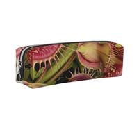 JKLQWC Carnivorous Plant Printed Leather Pencil Case with Silver Zipper - Simple and Lightweight Organizer for School, Office, Travel, Makeup