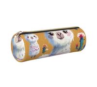JKLQWC Cartoon Alpaca Cute Animal Printed Cylinder Pencil Case with Gold Zipper - Lightweight Leather Organizer for School, Office, Travel, Makeup