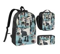 JKLQWC Cartoon Cow Print Backpack Set 3-Piece, 17-Inch School Bag with Insulated Lunch Bag & Pencil Case for Students Teens Girls Boys