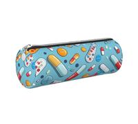 JKLQWC Cartoon Medicine Pattern Printed Cylinder Pencil Case with Silver Zipper - Lightweight Leather Organizer for School, Office, Travel, Makeup