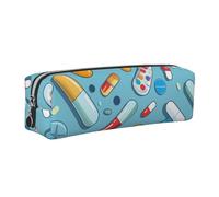 JKLQWC Cartoon Medicine Pattern Printed Leather Pencil Case with Silver Zipper - Simple and Lightweight Organizer for School, Office, Travel, Makeup