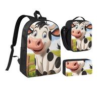 JKLQWC Cartoon Milk Cow Print Backpack Set 3-Piece, 17-Inch School Bag with Insulated Lunch Bag & Pencil Case for Students Teens Girls Boys