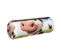 JKLQWC Cartoon Milk Cow Printed Cylinder Pencil Case with Gold Zipper - Lightweight Leather Organizer for School, Office, Travel, Makeup