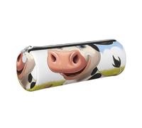 JKLQWC Cartoon Milk Cow Printed Cylinder Pencil Case with Silver Zipper - Lightweight Leather Organizer for School, Office, Travel, Makeup