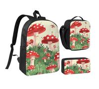 JKLQWC Cartoon Mushrooms Print Backpack Set 3-Piece, 17-Inch School Bag with Insulated Lunch Bag & Pencil Case for Students Teens Girls Boys