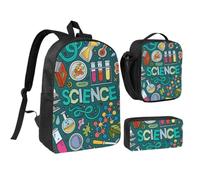 JKLQWC Cartoon Science Theme Print School Backpack Set of 3, 17-Inch School Bag with Insulated Lunch Bag & Pencil Case for Students Teens Girls Boys