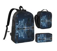 JKLQWC Chicago Reflected Print Backpack Set 3-Piece, 17-Inch School Bag with Insulated Lunch Bag & Pencil Case for Students Teens Girls Boys